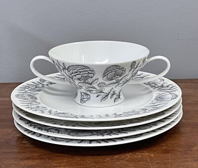 ROSENTHAL Rare 5 Pc Gray Floral Peony Flower Footed Cream Soup Bowl & Plates