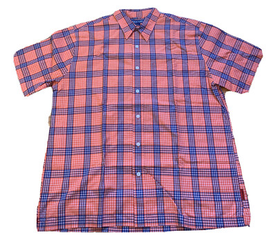 Structure Mens Button Shirt Short Sleeve Cotton Plaid Blue Orange Large NEW