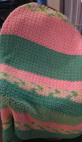 Vintage handmade pink,green,yellow Crochet  Afghan