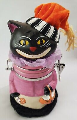 Halloween Black Cat Canister Hinged Candy Cookie Jar Canister