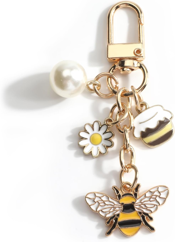 Bee Keychain,Flower Bag Charm with Pearl and Honey Pot for Handbag,Bee Gifts for
