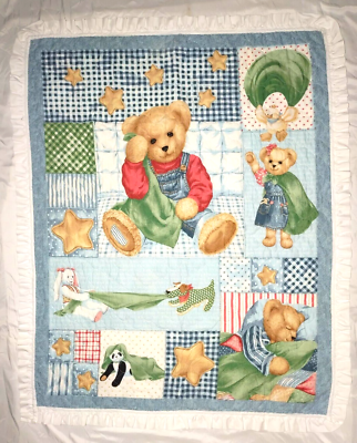 Blue Jean Teddy Bear Handmade Baby Crib Blanket Quilt Girl Boy Stars 34x44 White