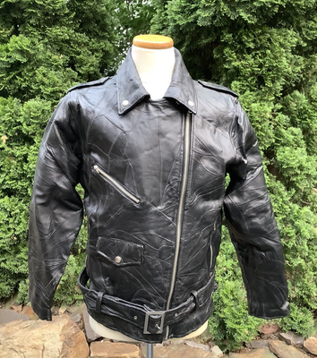 FLIGHT PATH Black Belted Zip Up Collared Lined LEATHER MOTORCYCLE JACKET Men s L