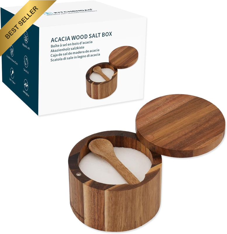 Acacia Wood Salt Cellar Bowl with Built-In Spoon Magnetic Swivel Lid 6oz Contain
