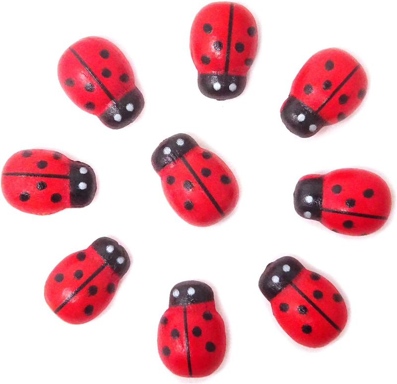 100PCS 10X13Mm Flatback Self Adhesive Tiny Wooden Ladybug Embellishments for Micro Landscape, DIY Crafts and More (Red)