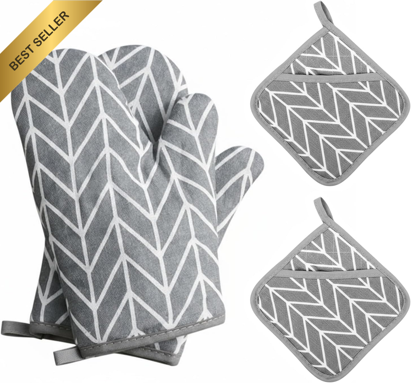 Grey 4pc Oven Mitts Pot Holders Set Heat Resistant Cotton Non-Slip BBQ