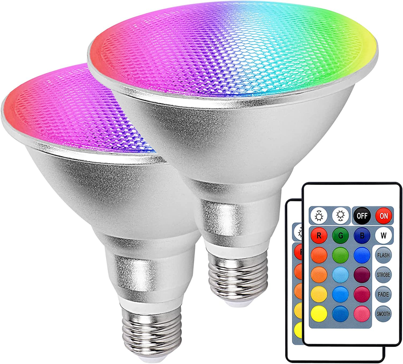 2 Pack RGB Flood Light Outdoor w/Remote, Waterproof Color Changing Light Bulbs