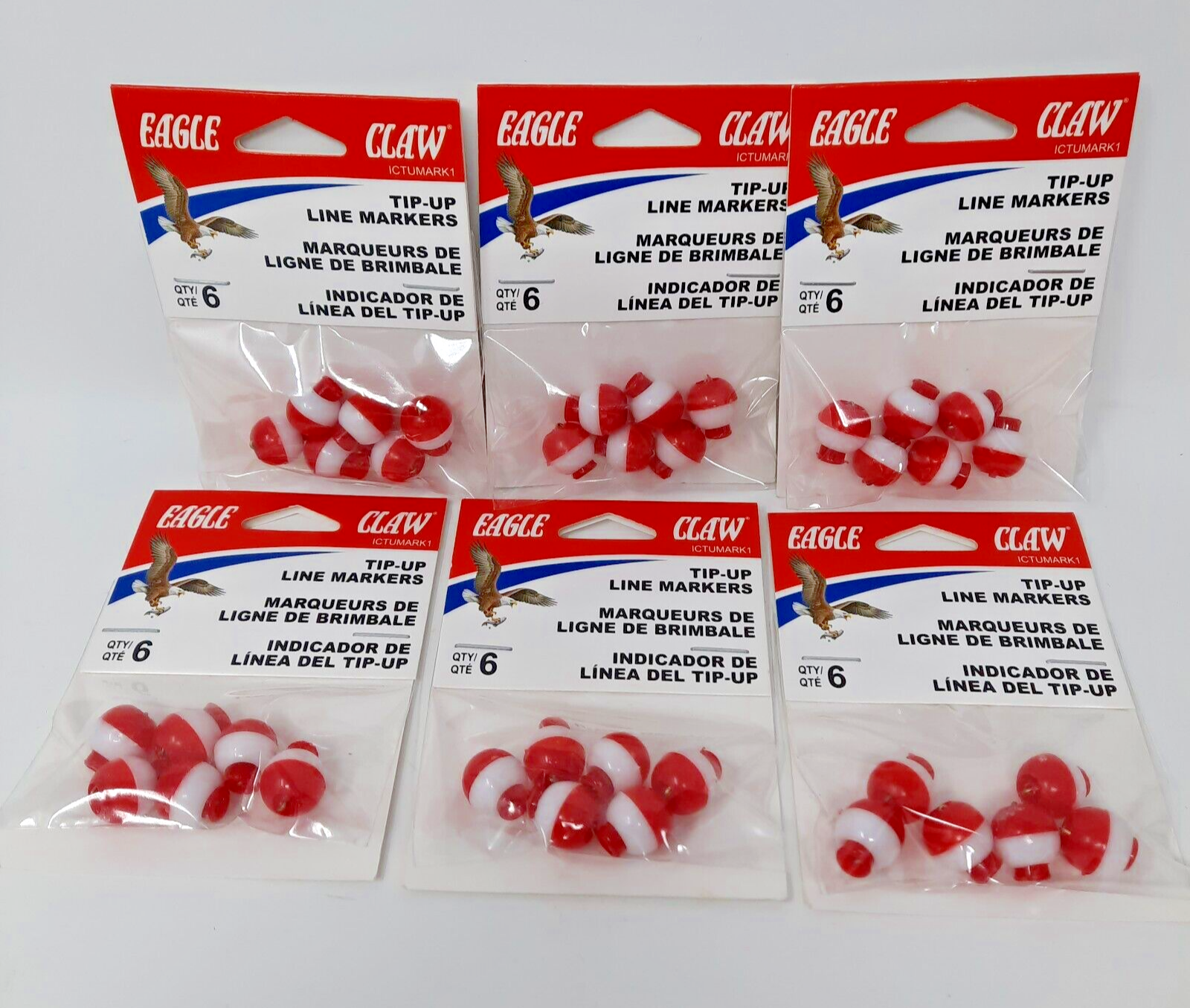 Lot of 6 | 1/2" Tip-Up Line Markers (Red/White Snap-On Bobber) #ICTUMARK1