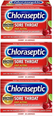 CHLORASEPTIC  Lozenges STRONG! CHERRY Sore Throat & Cough 18ct ( 3 pack ) ^