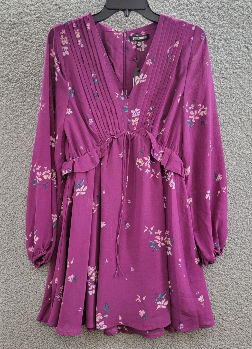 Steve Madden Rami Chiffon Pintuck-Detail Floral-Print Dress Women's XS Plum L/S - Picture 2 of 16