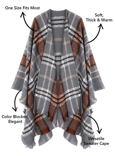Women's Boho Open Front Poncho Knitted Plaid Shawl Wrap Cape Tassel Cardigan 