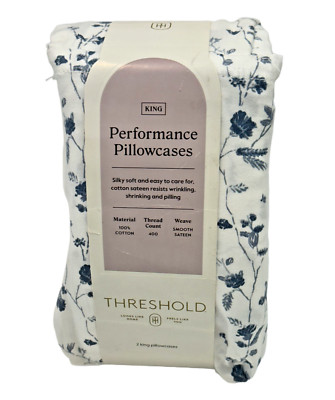 Threshold Performance Pillowcase Pair (2) King Blue White Floral Sateen 400 TC