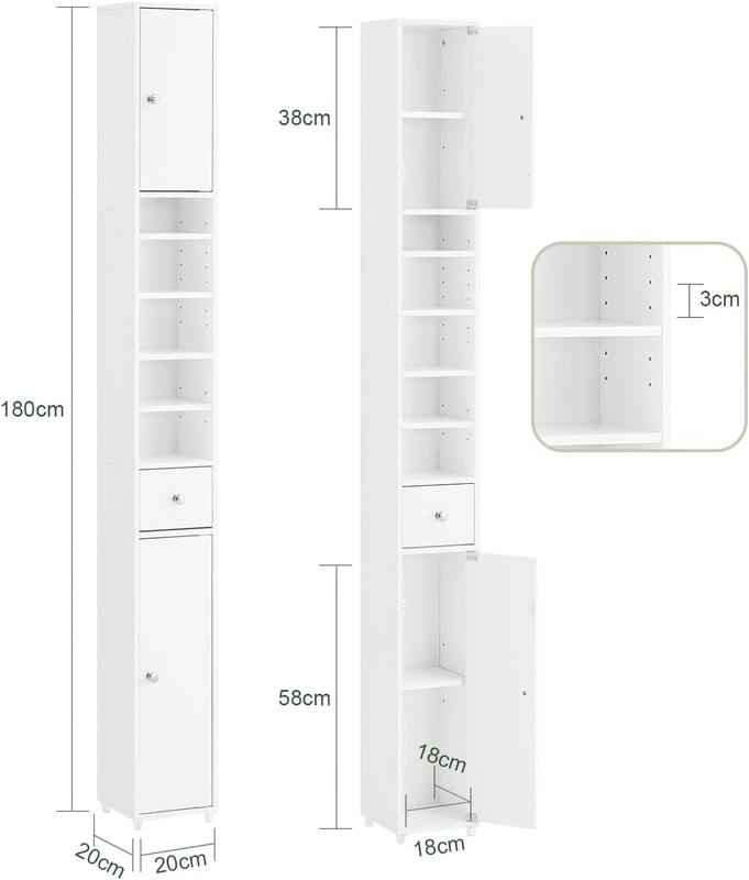 Tall Narrow Bathroom Storage Cabinet with Doors – Slim 20x20x180cm Bathroom Orga