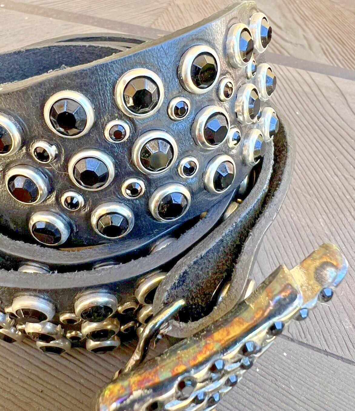 Pre-owned Handmade Robins Jean Hand Made Leather Belt With Black Stone Studs 100% Made In Italy