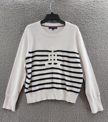TOMMY HILFIGER Anchor Sweater Women's XL Bright White/Sky Captain Crew Neck L/S