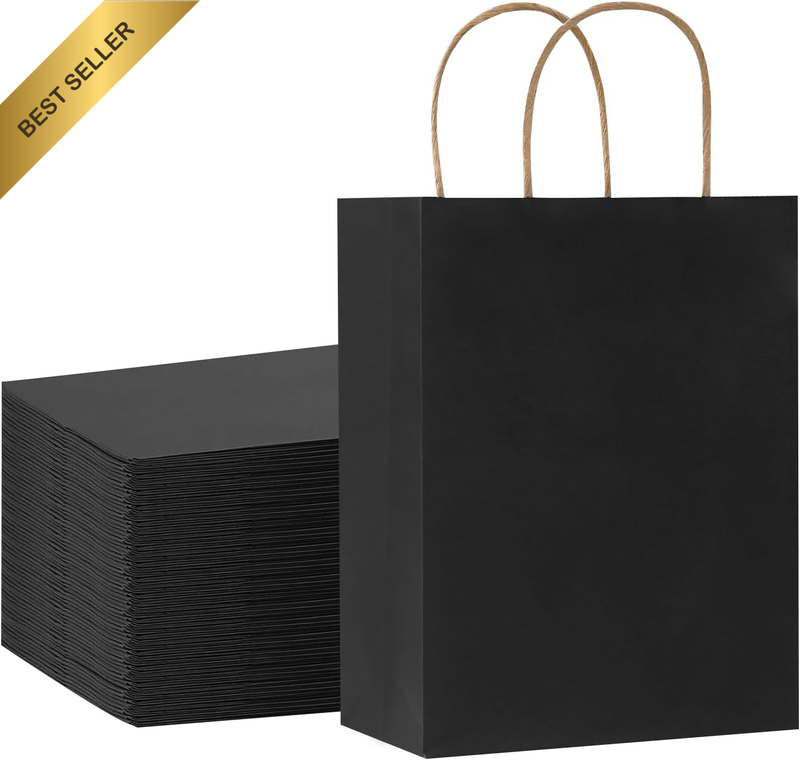 50 Pcs Gift Bags with Handles 21X11X27Cm Black, Kraft Paper Bags Eco-Friendly, S
