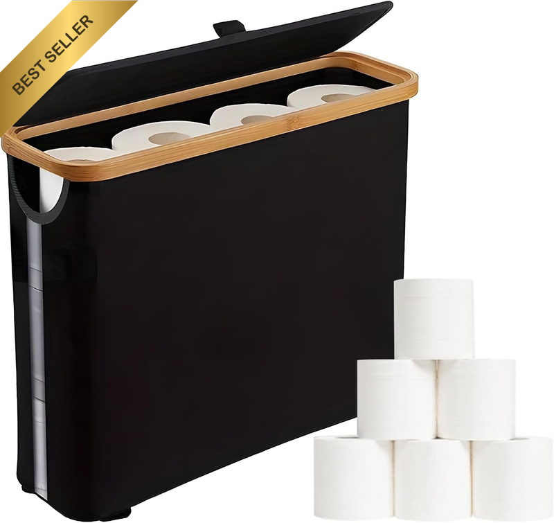 Toilet Paper Storage Basket w/ Bamboo Lid Handle Bathroom Black