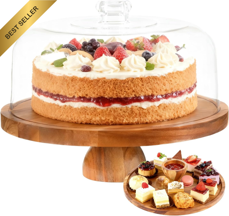 Acacia Wood Cake Stand with Dome Lid, 2 in 1 round Cake Holder and Charcuterie B