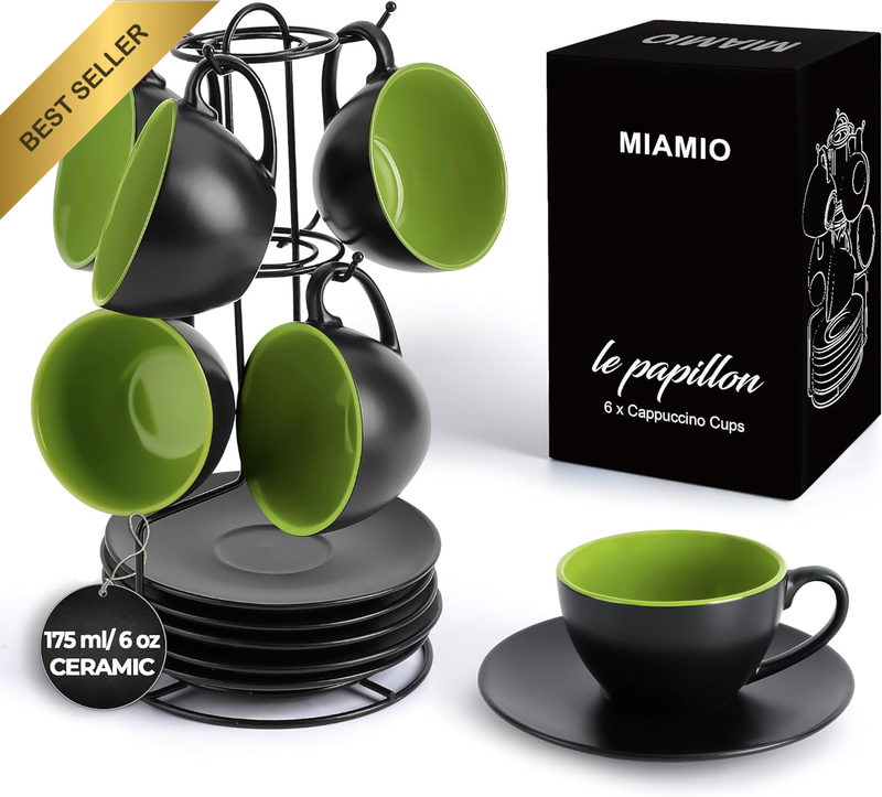 Green 175ml Ceramic Stackable Cappuccino Cup Set w/ Stand
