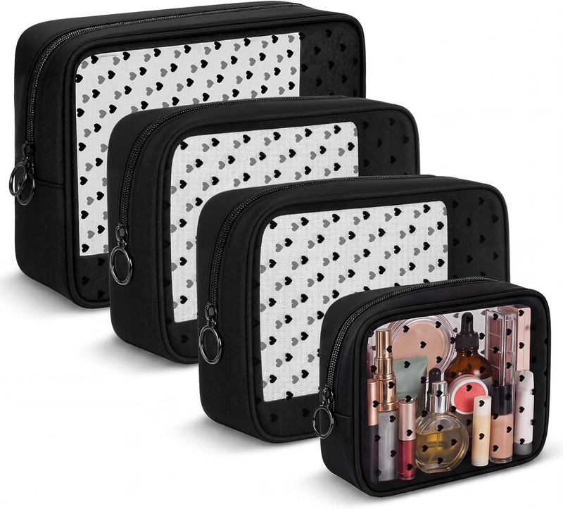 Tallew 4 Pcs Heart Mesh Toiletry Bags Makeup Cosmetic, 3 Size, Black
