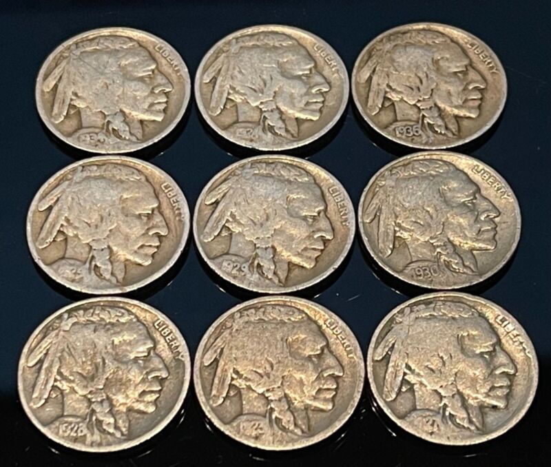 Buffalo Nickels With Full Dates 9 Coin Lot Grab Bag 1913-1938