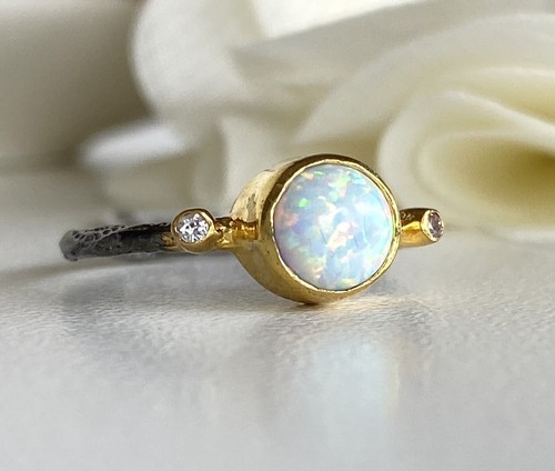 Antiqued Sterling Silver 18K Yellow Gold Opal Ring Size 5.5 - Picture 8 of 9