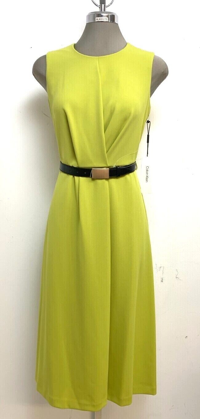 

Calvin Klein NWT Изысканное платье миди цвета CELERY с поясом и расклешенным силуэтом, размер 6, Зеленый