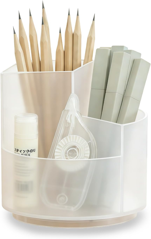 Office Organizer Pencil Pen Holder, 3 Compartments 360-Degree Rotating Desk Stor