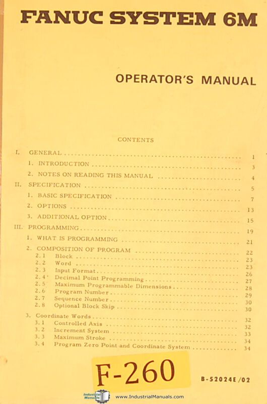 Fanuc 6m, Cnc Machine Control, B-52024e/02 Operations & Programming Manual 1980
