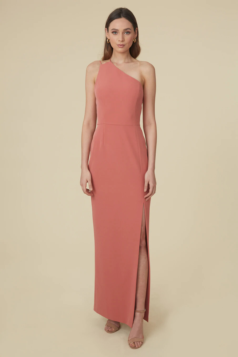 

WAYF Persimmon Pink Salmon Платье Lenore на одно плечо с разрезом спереди  2/4, Розовый