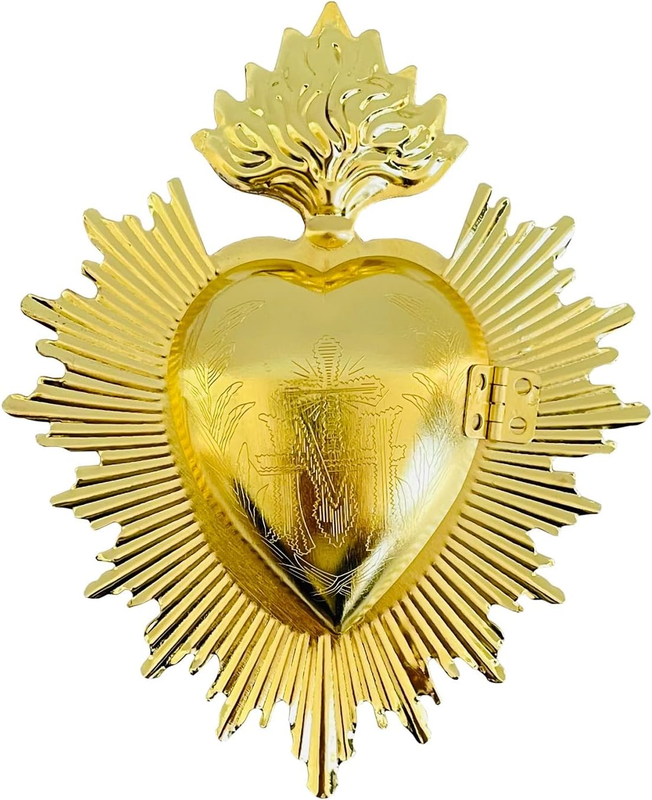 Sacred Heart Gold Metal Milagro Heart Wall Ornament, Mexican Home Eclectic Decor