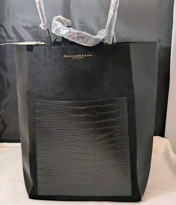 Donna Karan Cashmere Mist Faux Leather Suede Tote Shoulder Bag Croco Pocket NWT