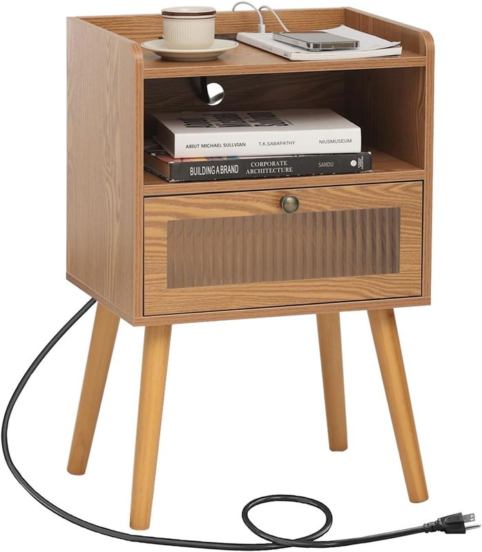 Mid Century Nightstand with Charging Station, Modern Bedside Table with Glass Decorative Drawer, Small End Side Table with 2 Tiers Storage for Bedroom, Office and Small Space(Brown)