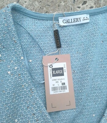 BNWT Pale Blue V-Neck Sweater -3/4 Sleeve - Sequins - Size XL GALLERY/DUNNES 