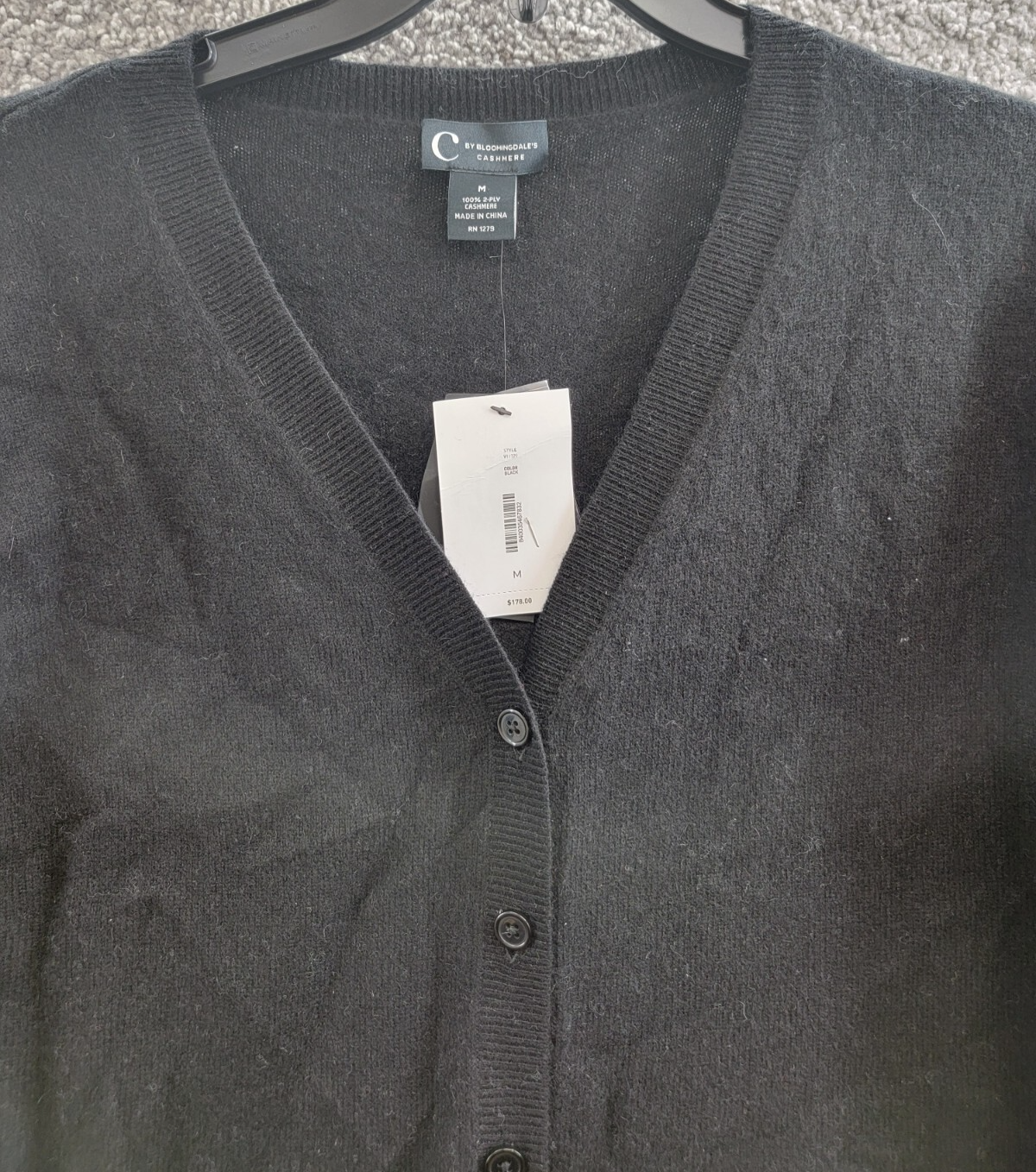 C by Bloomingdale's Cashmere V-Neck Cardigan Women's M Black Solid Long Sleeve - Picture 3 of 19