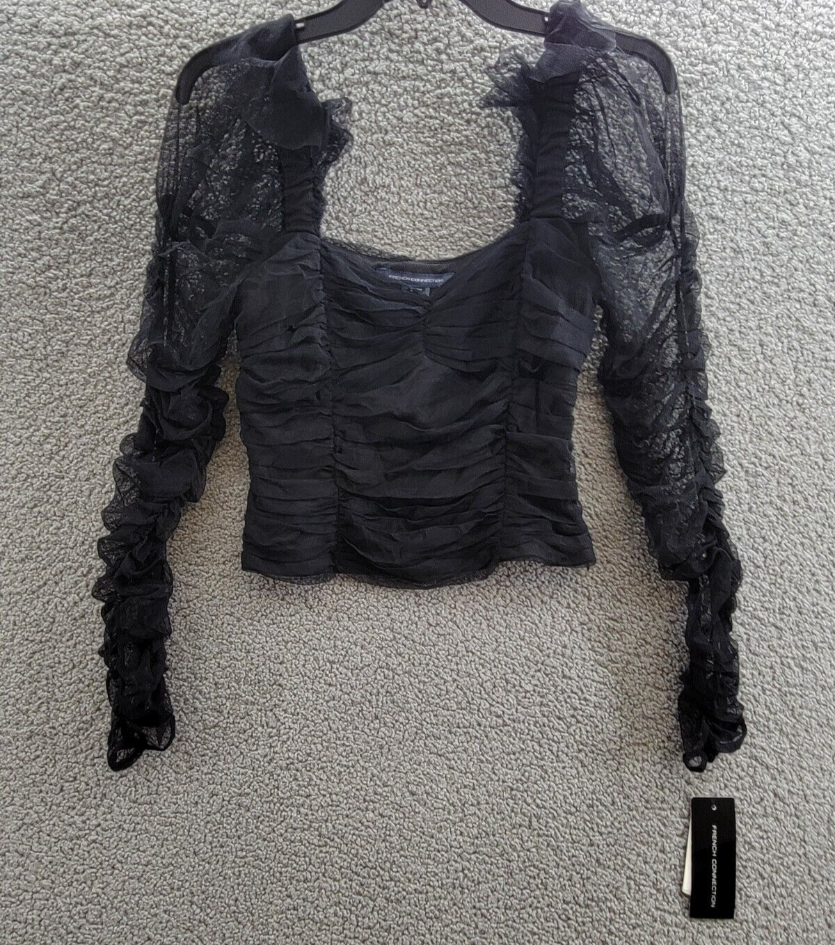 French Connection Edrea Long-Sleeve Tulle Top Women's 6 Blackout Ruched Pullover - Picture 2 of 16