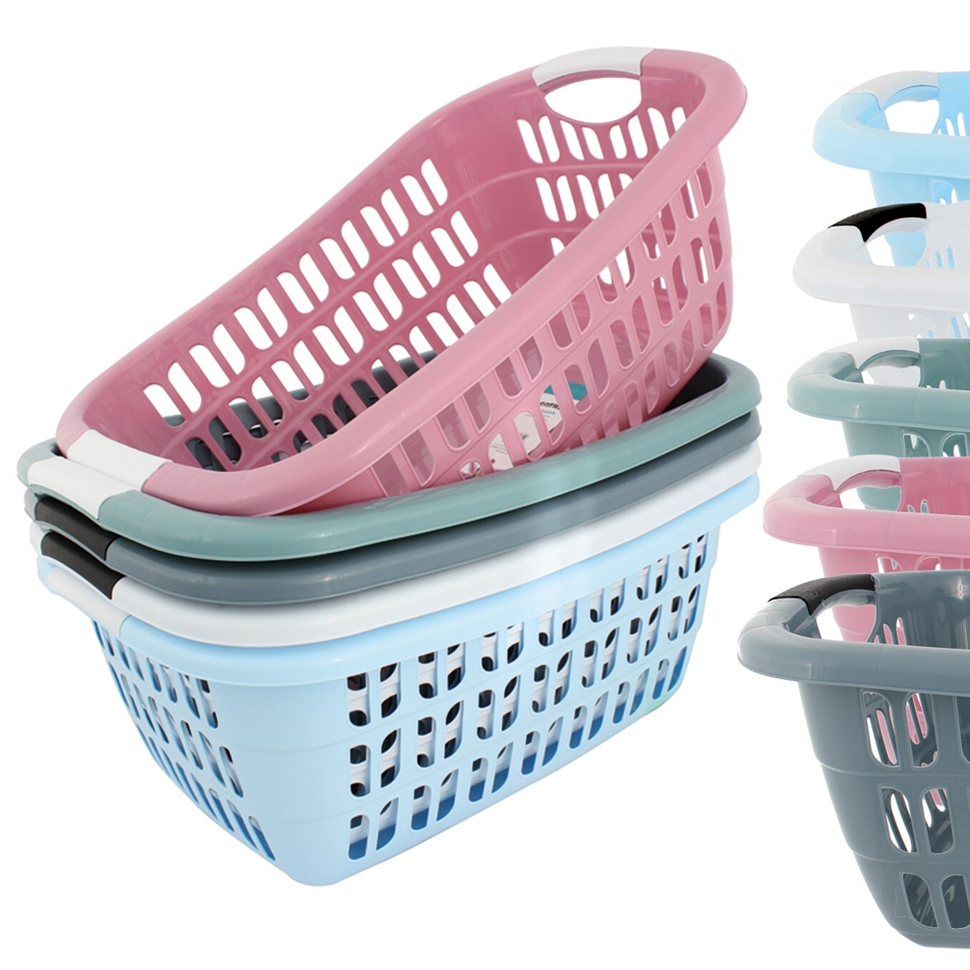 Wäschekorb Wäschewanne Plastik Kunststoff Korb Griffen Blau Grau Rosa Weiß Grün