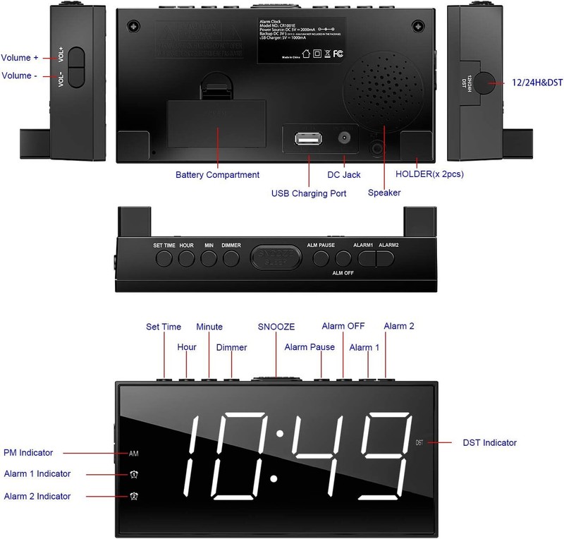 Alarm Clock LED Big Display with USB Charging Port, Adjustable Volume, Snooze