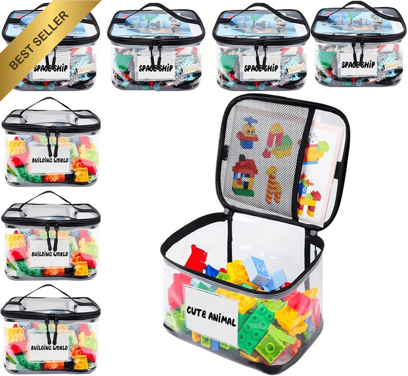 8 Pack Clear Toy Storage Bag with Name Tag& Manual Pocket, Waterproof Transparen