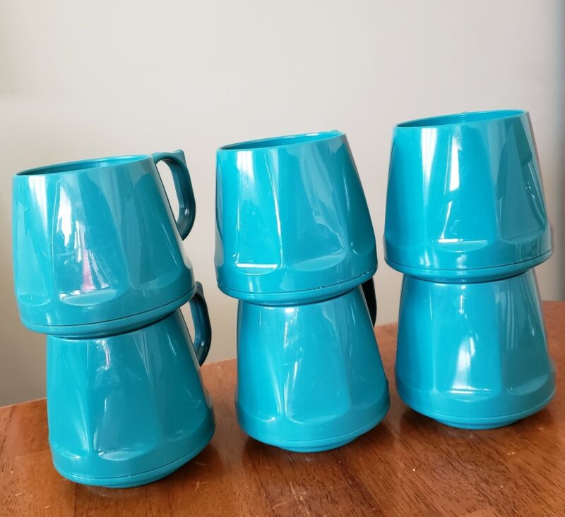 Dinex Teal Coffee Mugs Set of 6 Plastic Stackable Insulated Tea Cups Heritage 