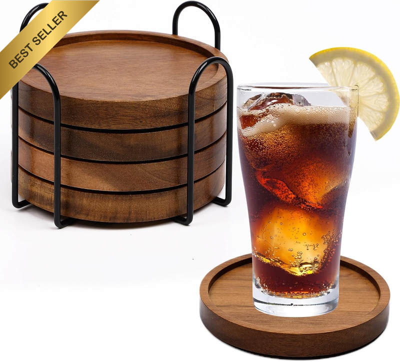 4 Pcs Wood Coasters for Drinks Absorbent, Wooden Coasters with Holder, Drink Coa