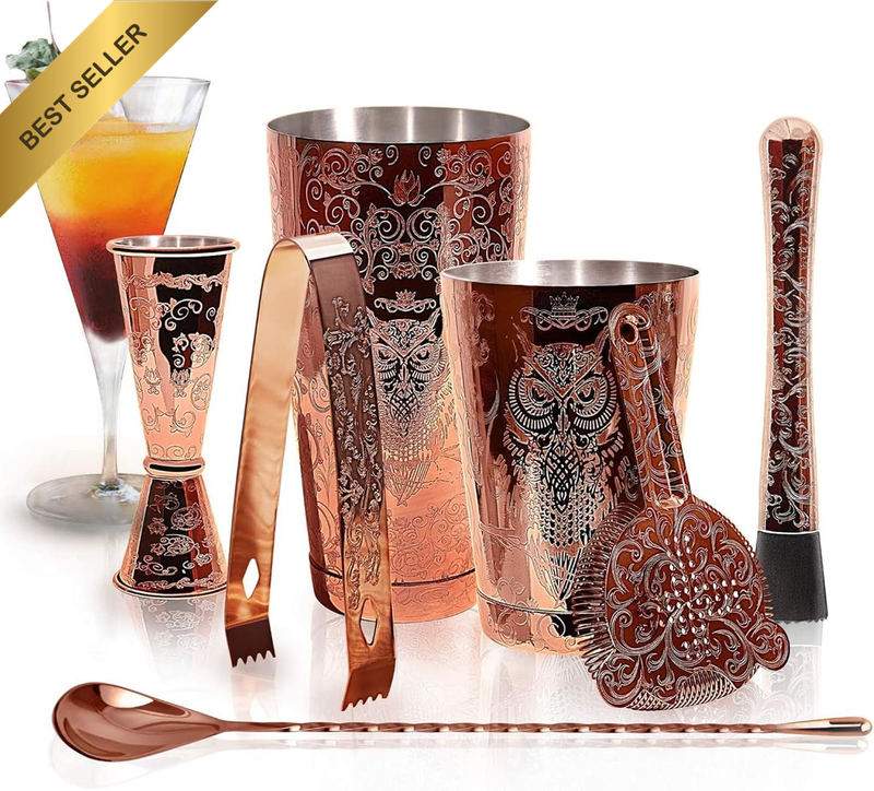 7-Piece Cocktail Shaker Set | Copper Plated Stainless Steel with Baroque Engravi