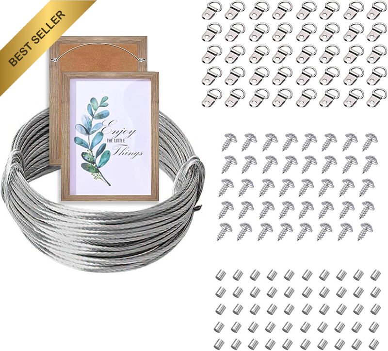 Picture Hanging Kit, 131 Pcs, 30M Hanging Wire, 40 Pcs D-Ring Hangers, 40 Pcs Sc