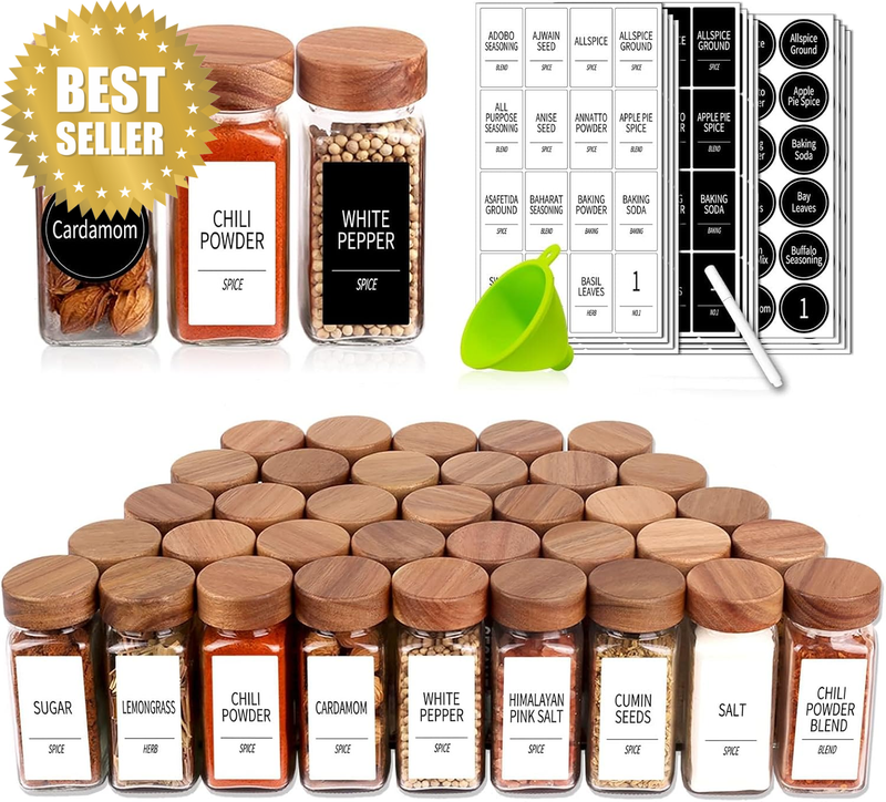 Glass Spice Jars 24 Pack 4Oz Square with Acacia Lid, Shaker