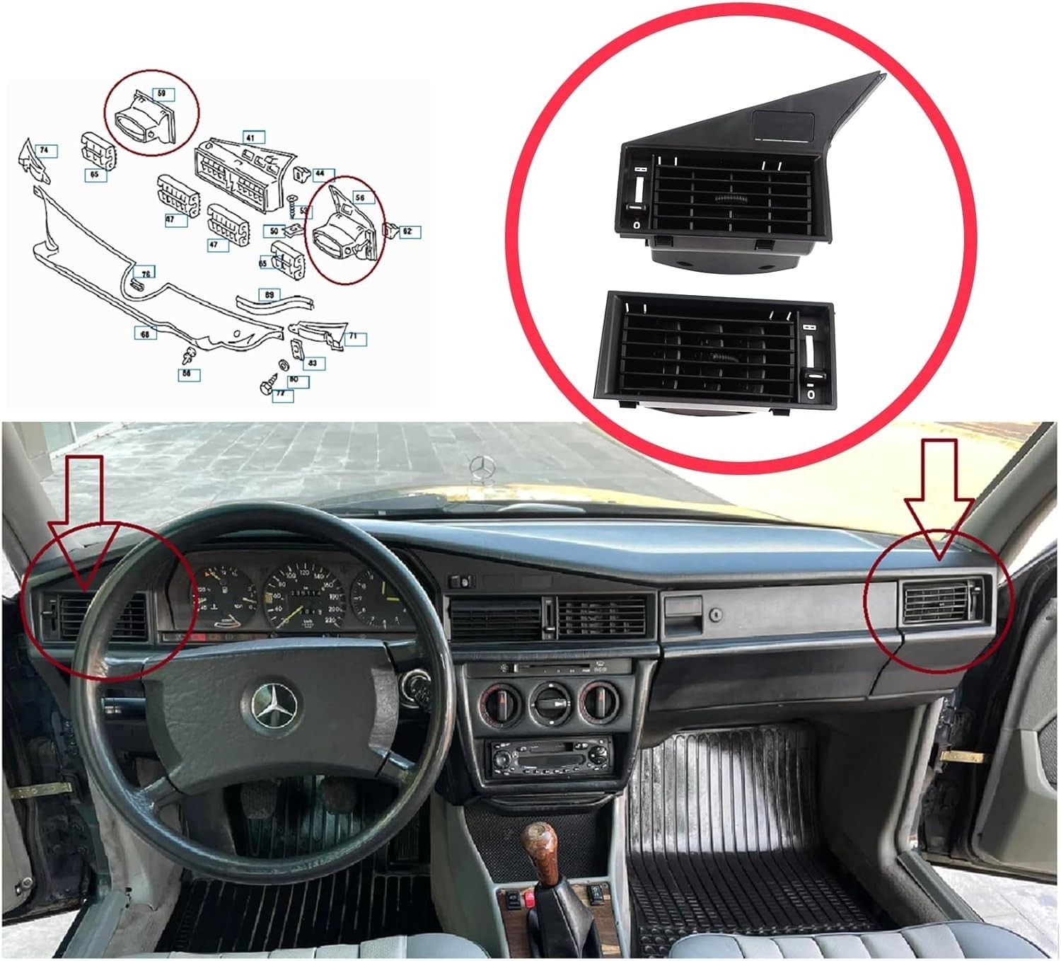 Front Interior Console Vent Grill Trims for Mercedes W201 190E Left - Right Set