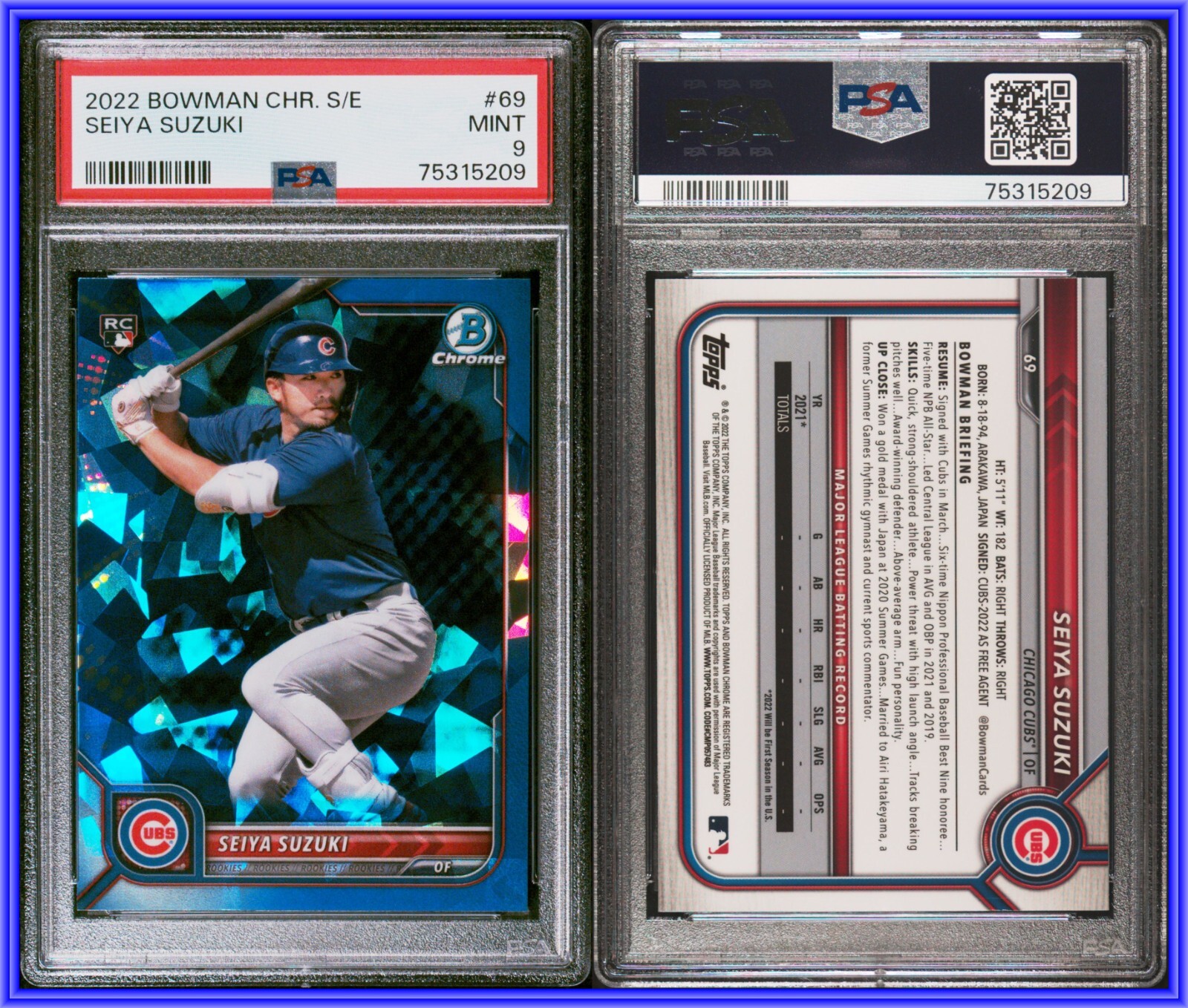 アクア・スナイパー PSA9 PSA 9 2022 Bowman Chrome Sapphire #69 Seiya Suzuki RC