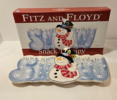 Fitz & Floyd Snowman Server Snack Therapy 12''  Christmas Holiday Snow Tray/Dish