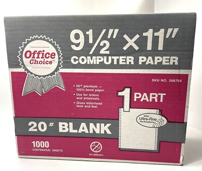 Office Choice 9.5 X 11 Computer Printer Paper 1000 Continuous Sheets Box 20# NEW
