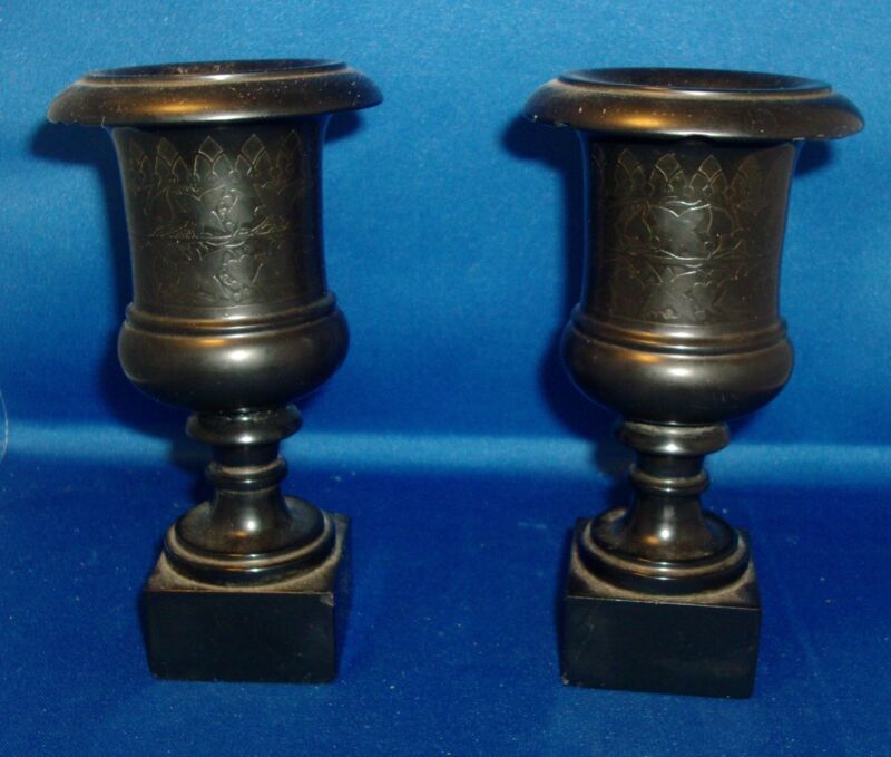 Pair Antique 19th c. English Regency Gothic Carved Slate Coal Stone Urns Vases