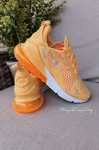 Pre-owned Nike Womens Bling  Air Max 270 Orange Sneakers Shoes Made With Swarovski Crystals